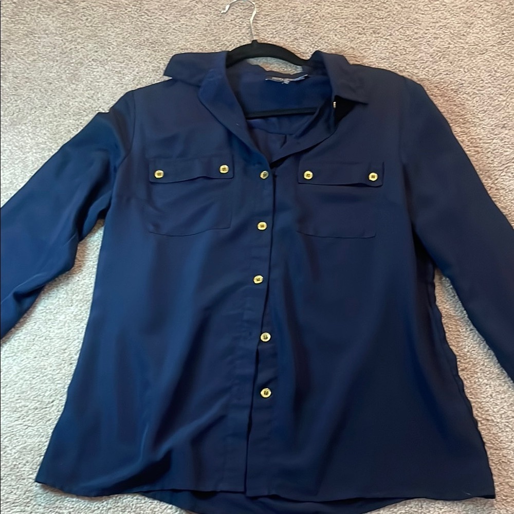 Jones New York Navy Button-Up Blouse